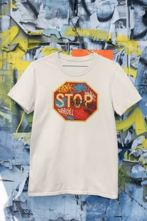 Мъжка тениска с щампа Пътен знак STOP - Natural