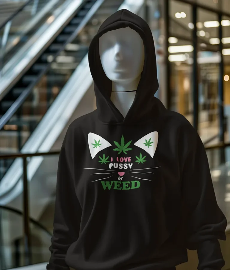 Суичър с щампа Котешка муцуна от канабис листа и надпис I Love Pussy & Weed