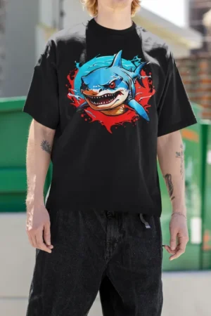 Oversize тениска с щампа Усмихната синя акула