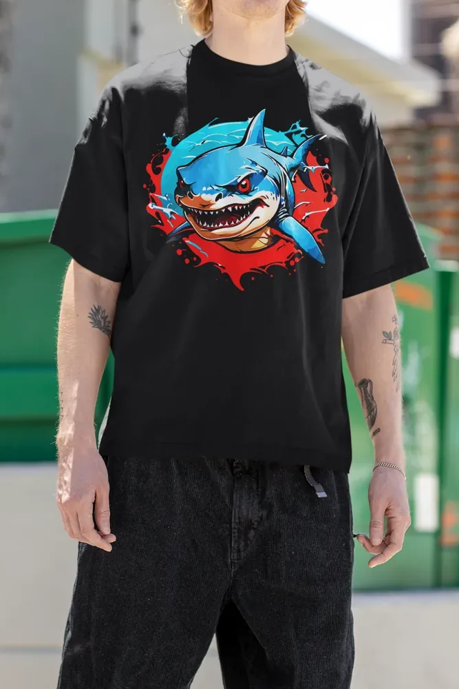 Oversize тениска с щампа Усмихната синя акула