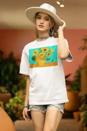 Oversize тениска с щампа Слънчогледите на Van Gogh - Бяло