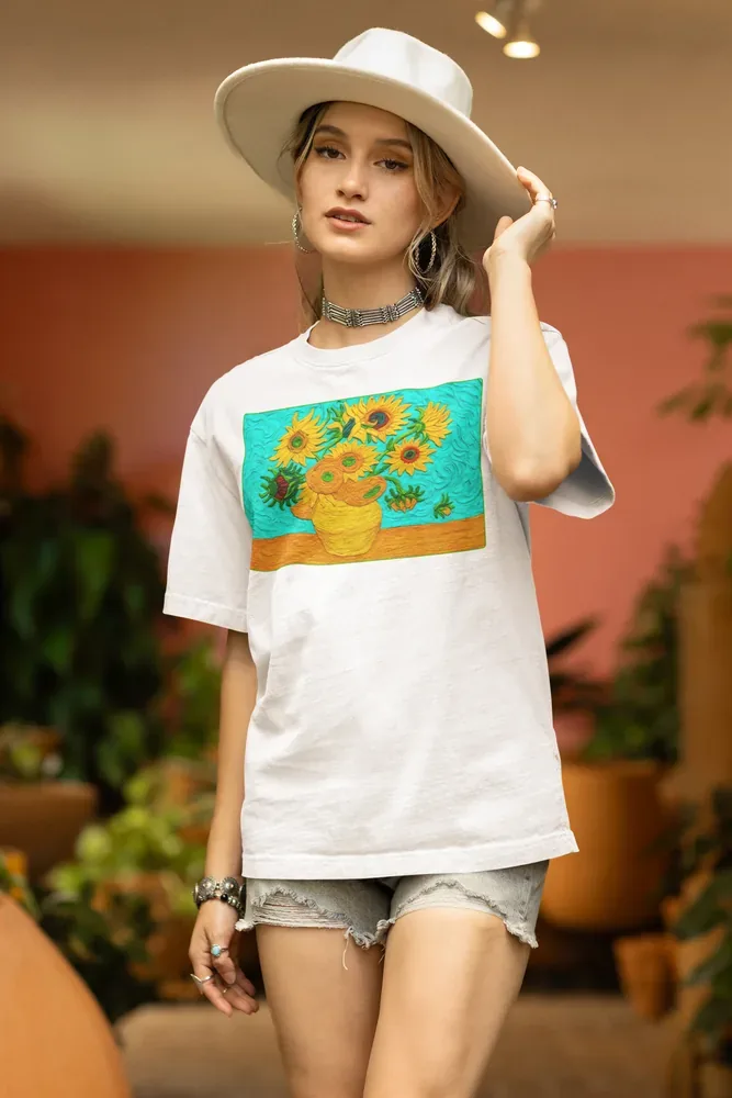 Oversize тениска с щампа Слънчогледите на Van Gogh