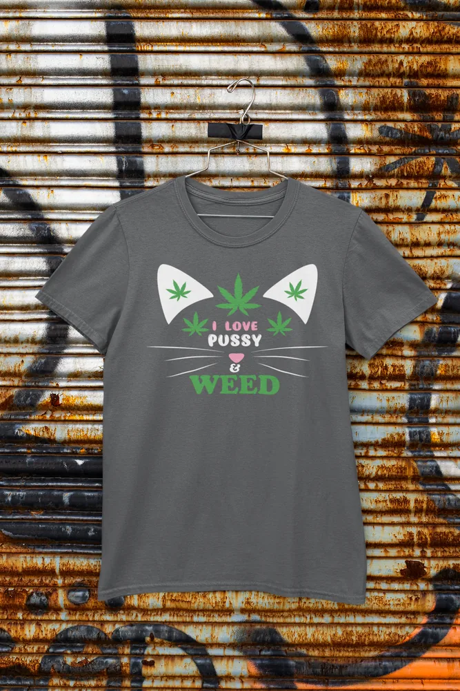Мъжка тениска с щампа Котешка муцуна от канабис листа и надпис I Love Pussy & Weed