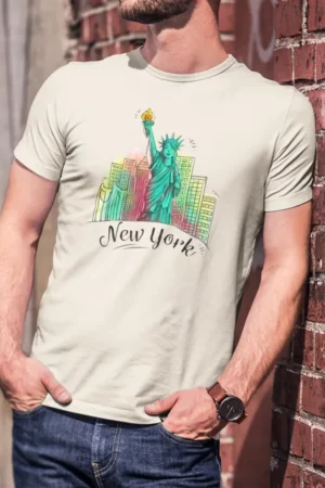 Мъжка тениска с щампа Статуята на свободата пред небостъргачи и надпис New York - Natural