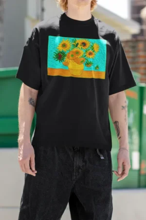 Oversize тениска с щампа Слънчогледите на Van Gogh - Черно