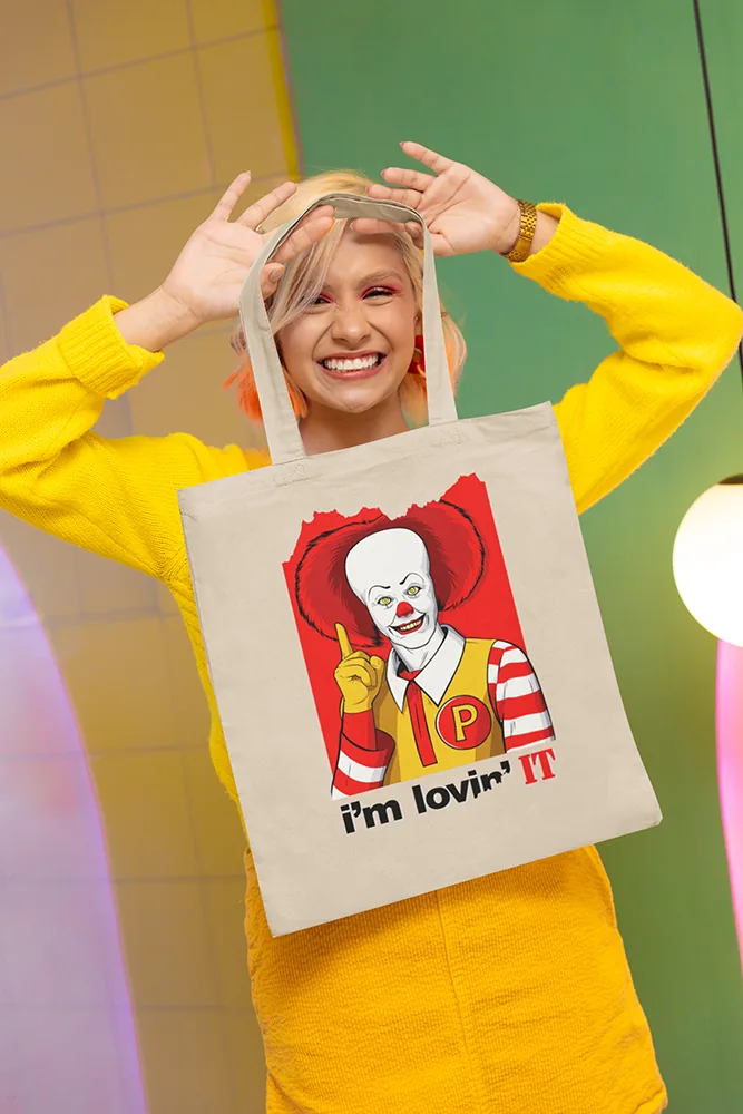 Памучна чанта с щампа Зловещ клоун със слогана i'm lovin' IT