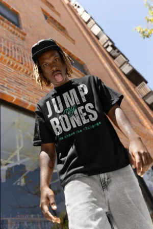 Oversize тениска с щампа Едър надпис JUMP my BONES