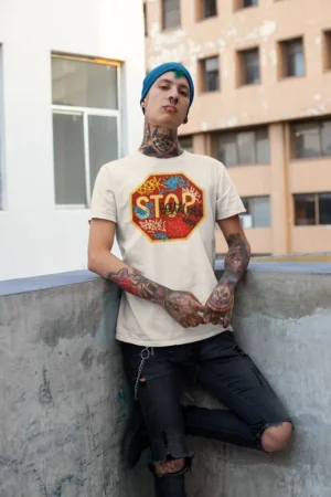 Мъжка тениска с щампа Пътен знак STOP - Natural