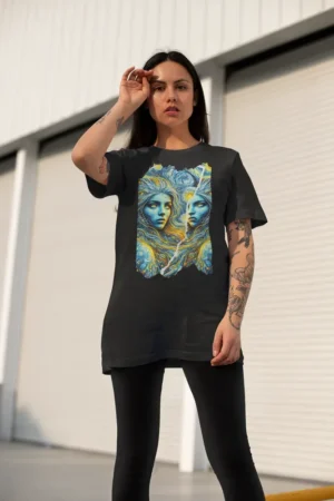 Oversize тениска с щампа Две женски лица - Черно