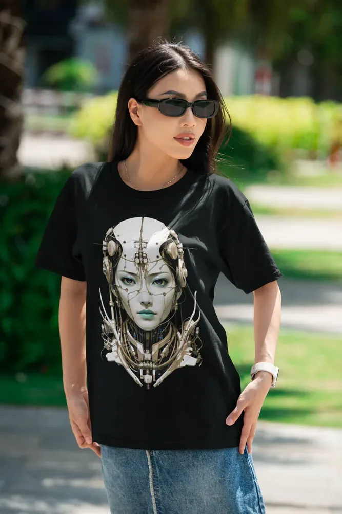 Oversize тениска с щампа Женско лице киборг