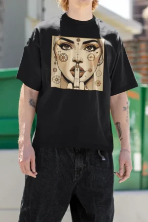 Oversize тениска с щампа Женско лице с пръст