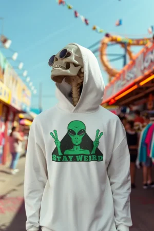 Суичър с щампа Зелен извънземен с вдигнати пръсти и надпис STAY WEIRD