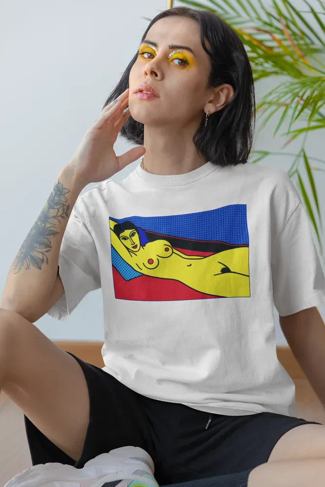 Oversize тениска с щампа Поп арт прочит на легнал женски акт на Модилиани