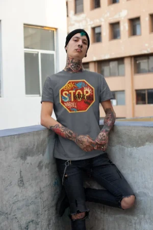 Мъжка тениска с щампа Пътен знак STOP - Graphite
