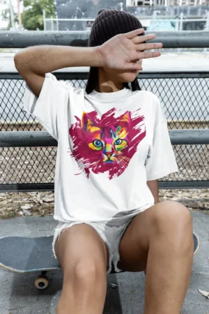 Oversize тениска с щампа Котка от ярки цветни петна