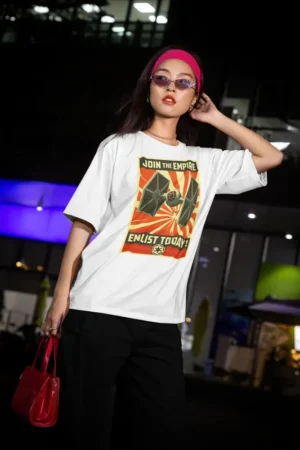 Oversize тениска с щампа Заигравка със Star Wars, пропаганден афиш - Бяло