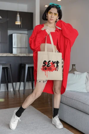 Памучна чанта с щампа Надпис SEXY bomb - Natural