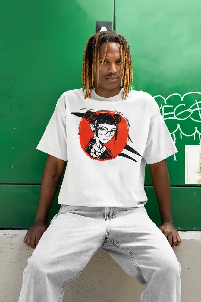 Oversize тениска с щампа Момиче, сочещо напред
