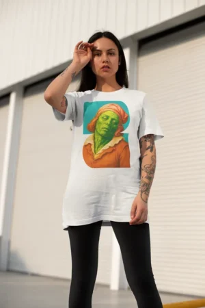 Oversize тениска с щампа Бароков портрет - Бяло