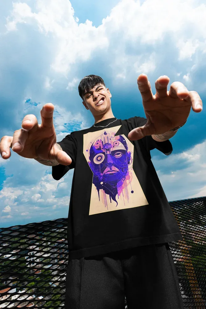 Oversize тениска с щампа Мъжко лице в синьо и розово