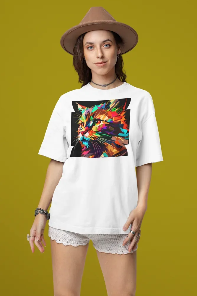 Oversize тениска с щампа Котка в профил от цветни триъгълници