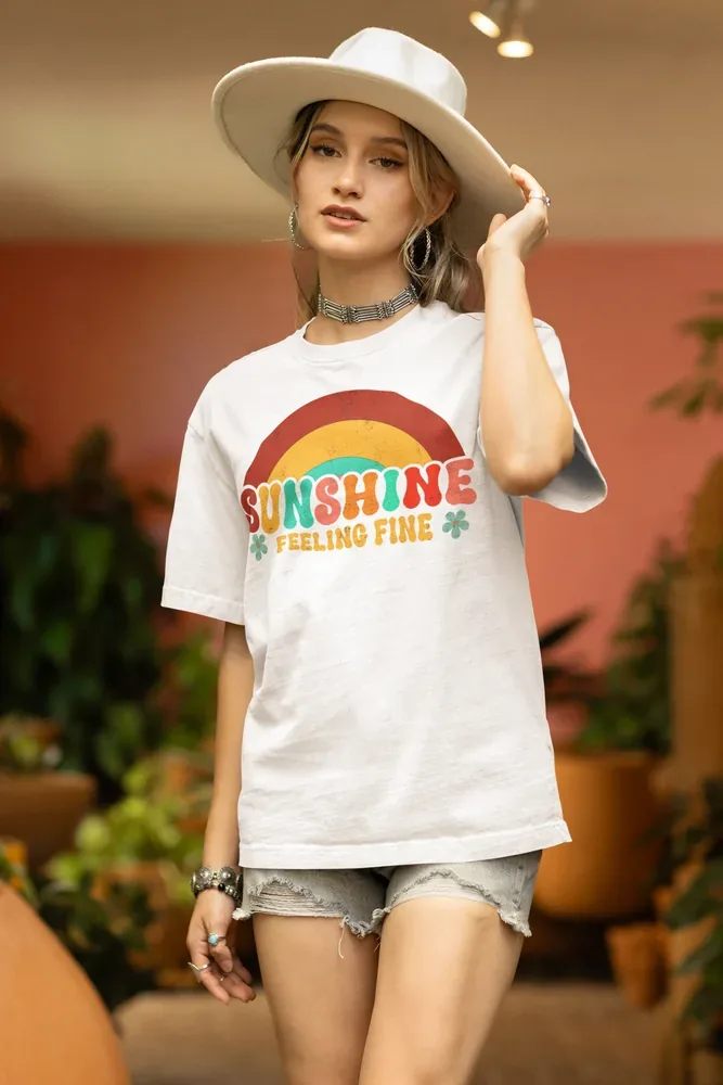Oversize тениска с щампа Ретро дъга и надписи SUNSHINE