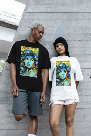 Oversize тениска с щампа Женско лице в поп арт растер