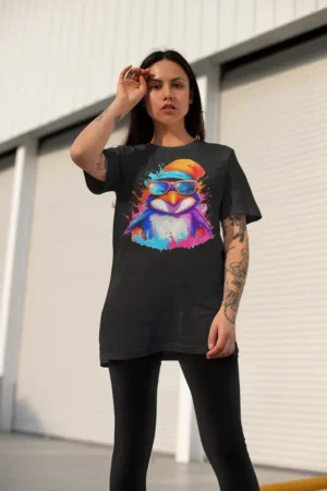 Oversize тениска с щампа Пингвин с оранжеви очила