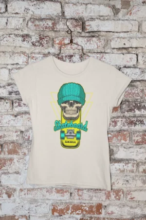 Дамска тениска с щампа Череп над скейтборд и надпис Skateboard Skull