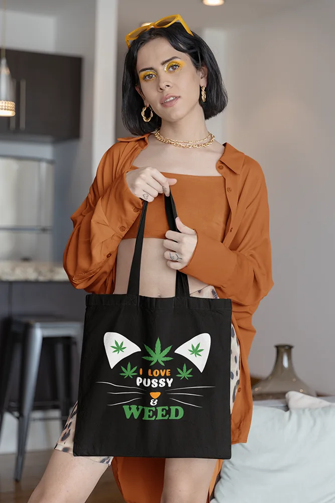 Памучна чанта с щампа Котешка муцуна от канабис листа и надпис I Love Pussy & Weed