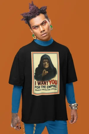 Oversize тениска с щампа Заигравка със Star Wars, зъл владетел и надпис I WANT YOU FOR THE EMPIRE