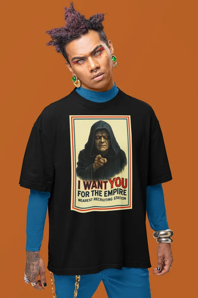 Oversize тениска с щампа Заигравка със Star Wars, зъл владетел и надпис I WANT YOU FOR THE EMPIRE