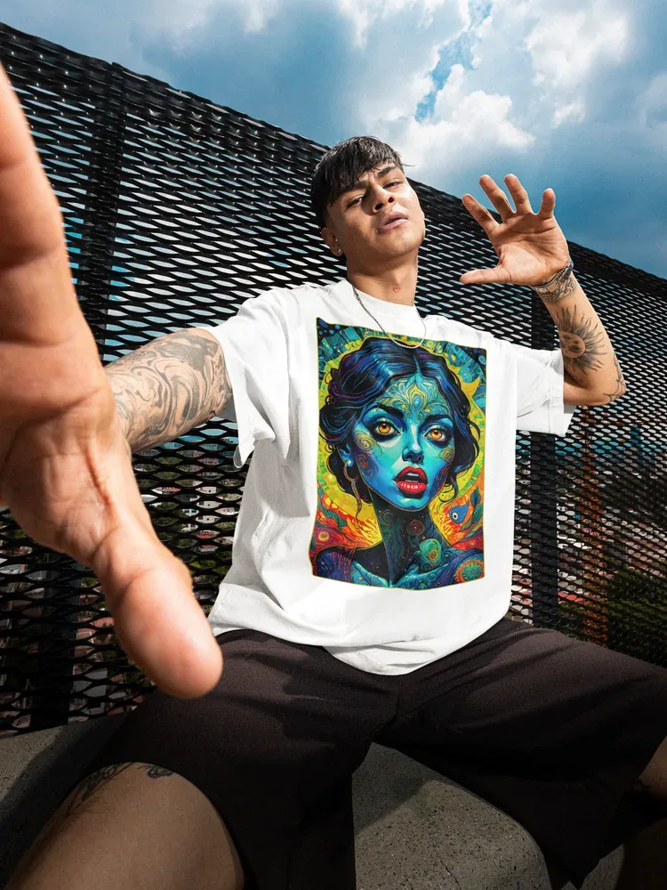 Oversize тениска с щампа Синьо женско лице