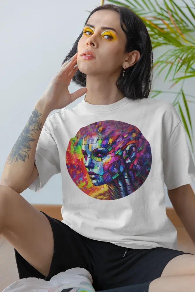 Oversize тениска с щампа Женско лице киборг от цветни фасети