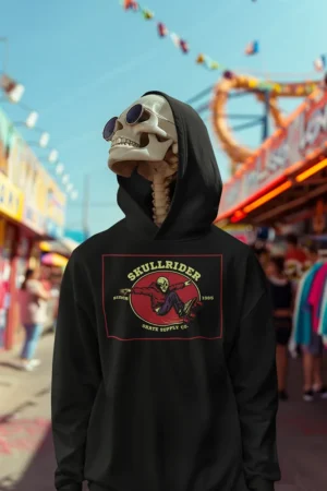Суичър с щампа Скелет скейтър в скок и надпис SKULLRIDER