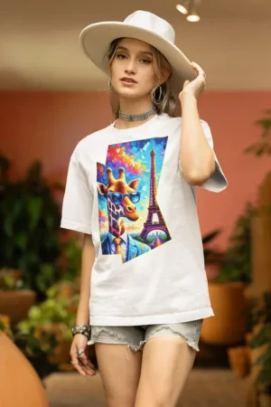 Oversize тениска с щампа Жираф с очила пред Айфеловата кула